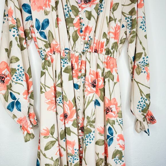 NWT Arthur Jane Claire Ruffle Neck Floral Long Sleeve Button Up Midi Dress Large - Picture 4 of 14